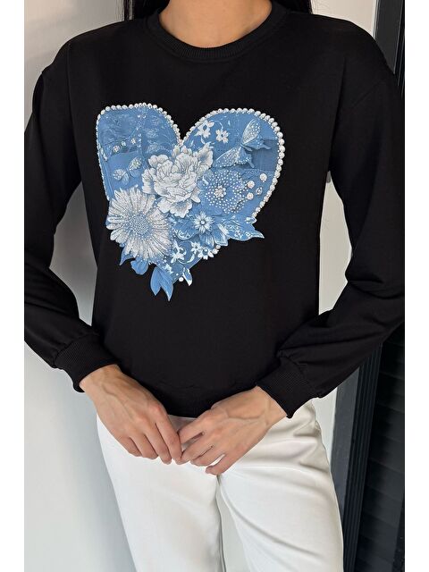 Gülseli Kadın Bisiklet Yaka Baskılı Taş İşlemeli Sweatshirt - S000470194-19351