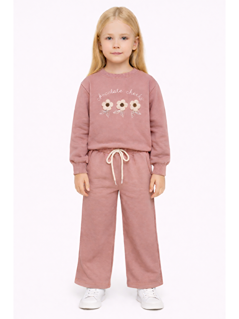 Zepkids Bisiklet Yaka Papatya Nakışlı Pudra Renk Kız Çocuk Eşofman Takım - S000486734-7152