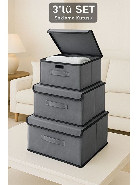 Meleni Home 3 lü Kapaklı Saklama Kutusu Seti   Çok Amaçlı Dolap İçi Organizer Çamaşır Oyuncak Düzenleyici Gri - S000387385-20600