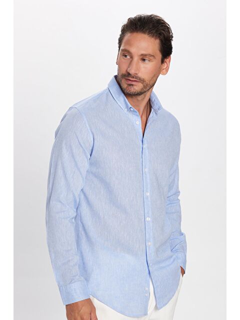 TUDORS Erkek Slim Fit Dar Kesim Uzun Kollu Keten Premium Seri Düğmeli Yaka Spor Mavi Gömlek