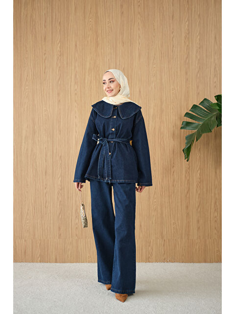 Locco Moda Kadın Bebe Yaka Bel Bağlamalı Jean Takım Lacivert