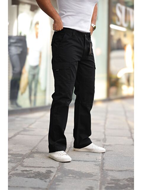 Comstar Erkek Kargo Cepli Bol Paça Armalı Siyah Baggy Pantolon