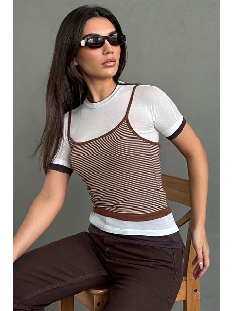 Madmext Kahverengi Çizgili İkili Görünümlü Kadın Tişört Mg2699