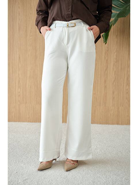 Locco Moda Kadın Paçası Katlama Detay Kemerli Pantolon Ekru