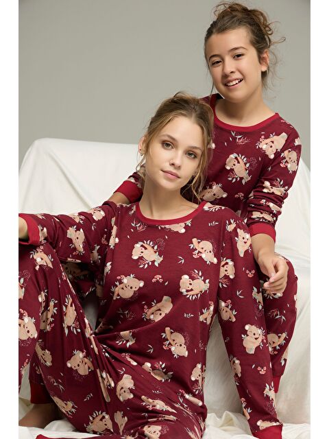 Siyah İnci Bordo Koala Desenli Pamuklu Bisiklet Yaka Örme Pijama Takım25241141 - S000423203-19951