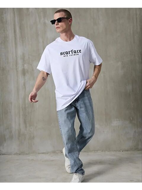 Jane's Unisex Bisiklet Yaka Baskılı Oversize T-Shirt - Beyaz