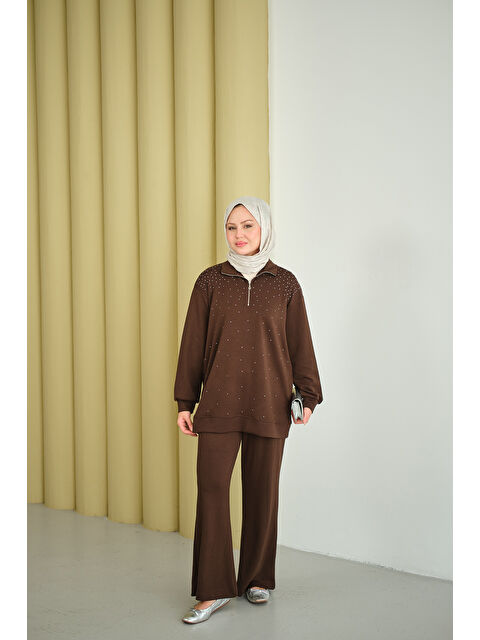 Locco Moda Kadın Yarım Fermuarlı Taşlı Takım Kahverengi - S000492426-19413
