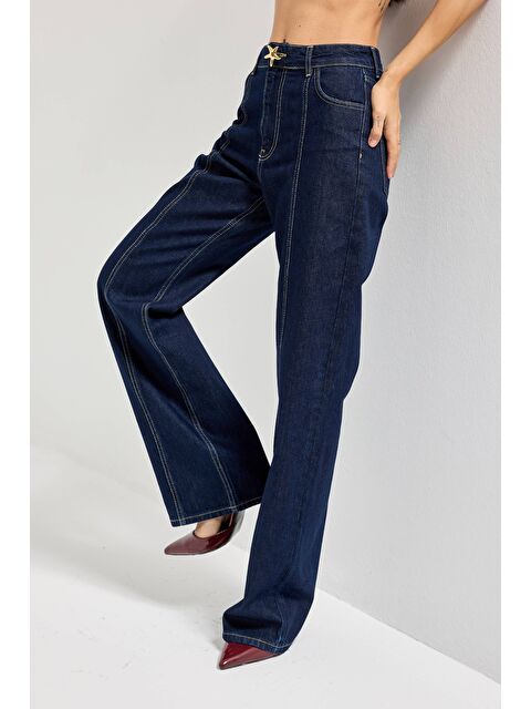It's Basic Kadın İndigo Renk 7s6-50 Straight Fit Yüksek Bel Düğme Detaylı Denim Jean - S000489327-23093