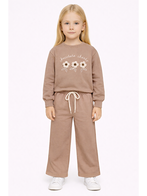 Zepkids Bisiklet Yaka Papatya Nakışlı Açık Kahve Rengi Kız Çocuk Eşofman Takım - S000486734-29705