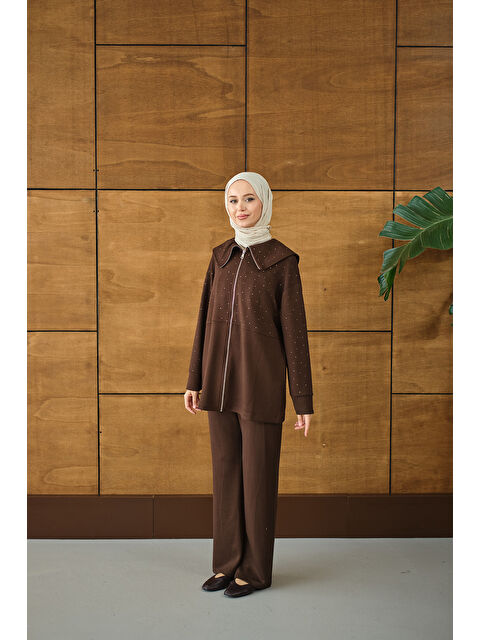 Locco Moda Kadın Gemici Yaka Taşlı Takım Kahverengi - S000492433-19413