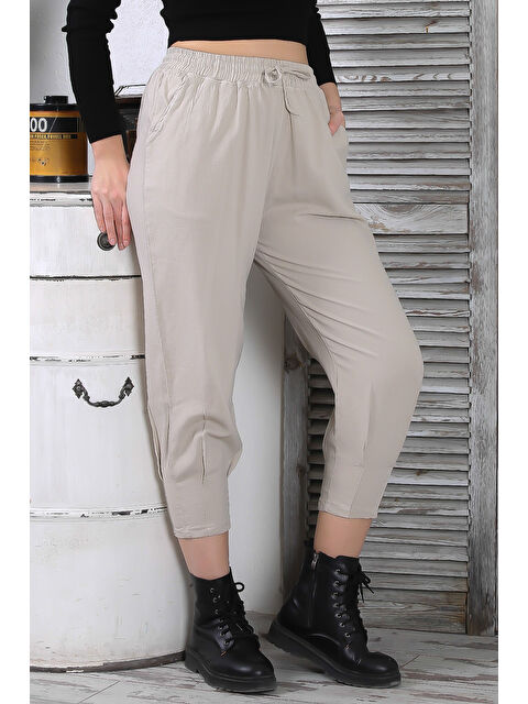 Chiccy Bej 3/4 Kol Düğmeli Çift Cepli Lastikli Ve Bağlamalı Bel Kısa Paça Casual Pamuk Dokuma Pantolon - S000358957-19928
