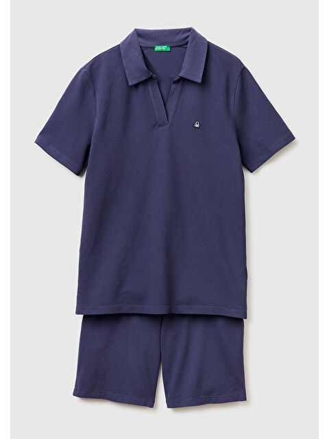 United Colors Of Benetton Erkek Koyu Mavi  %100 Pamuk Logo Detaylı Polo Yaka Kısa Kollu Pijama Takımı