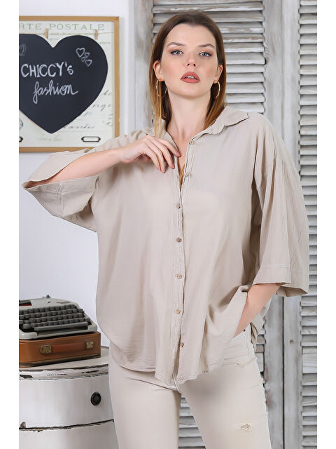 Chiccy Bej 3/4 Kol Sedef Düğmeli Yırtmaçlı Casual Pamuk Dokuma Gömlek - S000358958-19928