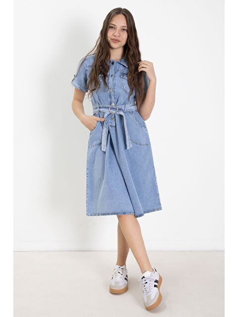 Cansın Mini Mavi Gömlek Yaka Kısa Kollu Kız Çocuk Kuşaklı Jean Elbise 24020