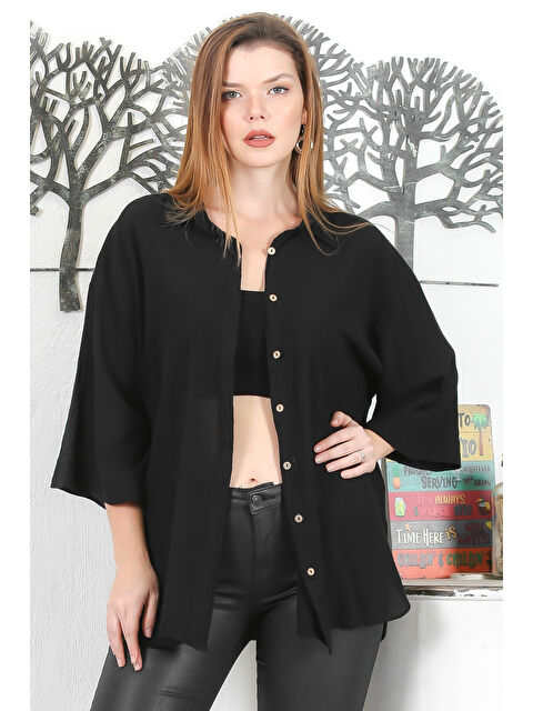 Chiccy Siyah 3/4 Kol Düğmeli Yıkamalı Casual Dokuma Gömlek - S000358958-19351