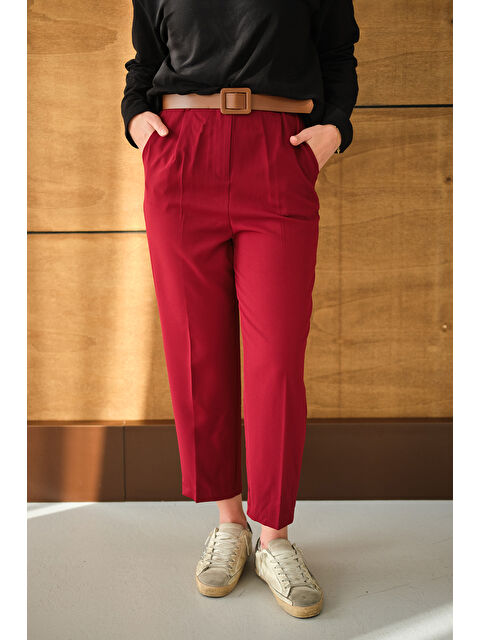 Locco Moda Kadın Lastik Detay Kemerli Kumaş Pantolon Bordo - S000494440-19951