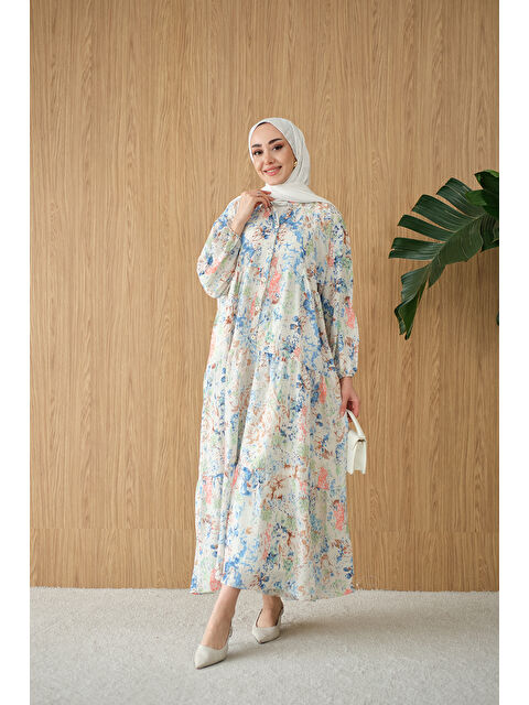 Locco Moda Kadın Vintage Çiçek Desen Elbise Mavi