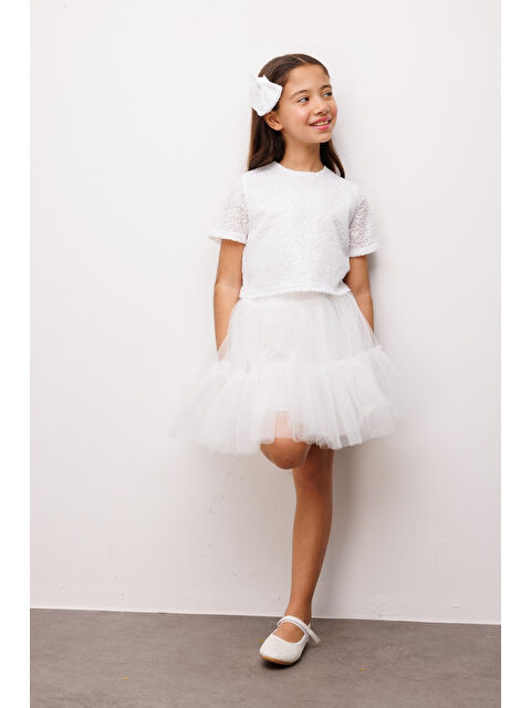 Le Mabelle Beyaz Üzeri Pul Detaylı Tül Etekli İkili Takım - Freya