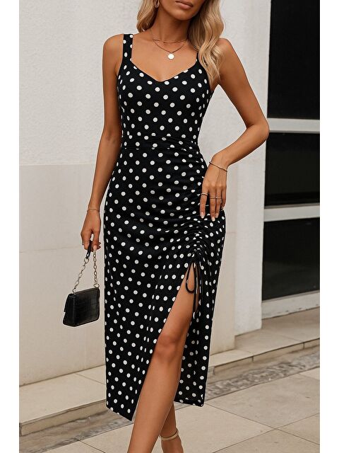 Jane's Kadın Askılı Yuvarlak Yaka Kalp Yaka Yandan Büzgülü Yırtmaç Detaylı Puantiyeli örme Krep Elbise - S000528522-19351