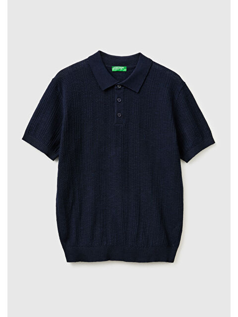 United Colors Of Benetton Erkek Lacivert  Pamuk Keten Karışımlı Düğmeli Örme Dokulu Polo Yaka  Triko T-Shirt