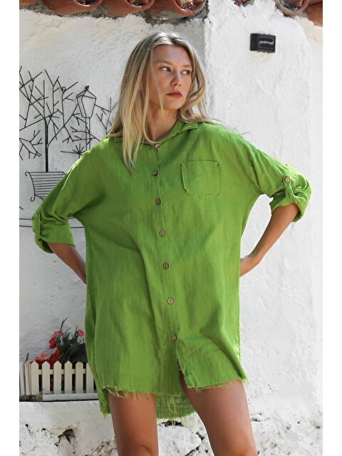 Chiccy Fıstık Yeşili Gömlek Yaka Düğmeli Uzun Kollu Cepli Yıkamalı Pamuklu Dokuma Casual Gömlek - S000358962-19972