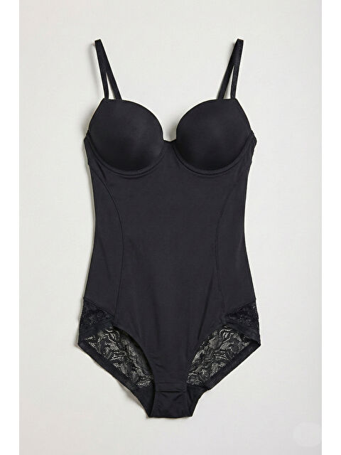 It's Basic Kadın Siyah w5 Çıtçıtlı Toparlayıcı Dantel Detaylı Destekli Cup Tasarım Askılı Body - S000516598-19351