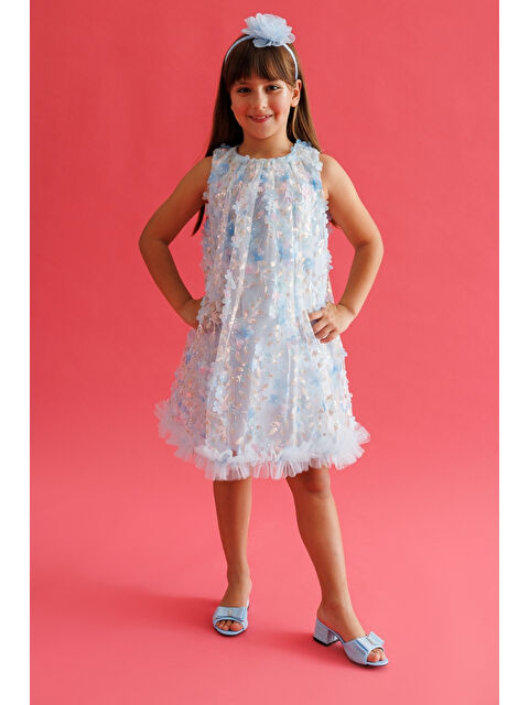 Le Mabelle Mavi Çiçek Kabartmalı Kız Çocuk Elbise - Ivory - S000513312-17234