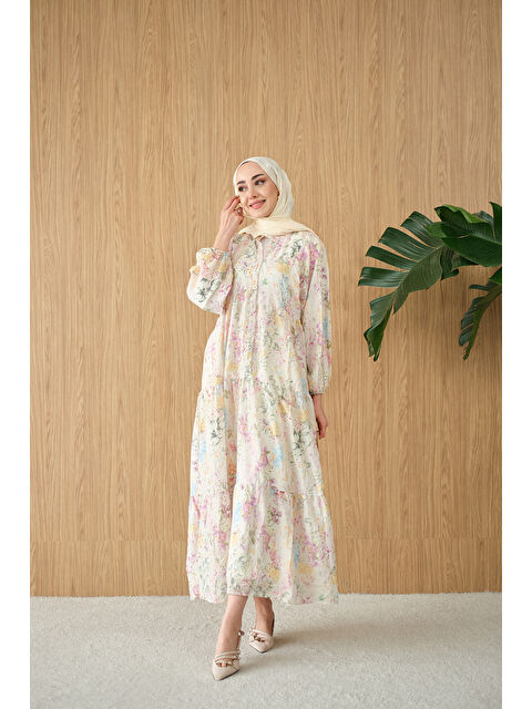 Locco Moda Kadın Vintage Çiçek Desen Elbise Su Yeşil