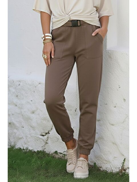 Chiccy Açık Kahve Kemer Tokalı Lastikli Bel Lastikli Paça Casual Gabardin Dokuma Pantolon 100 55