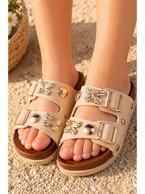 Muggo SOLİ Kelebek Aksesuarlı Çift Tokalı Günlük Çocuk Terlik