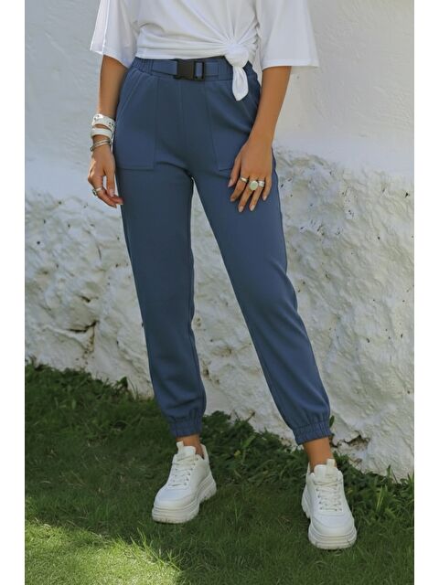 Chiccy Mavi Kemer Tokalı Lastikli Bel Lastikli Paça Casual Gabardin Dokuma Pantolon 100 55