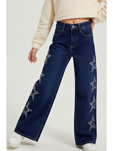 Breeze Kız Çocuk Jean Pantolon Taşlı Yıldız Baskılı Koyu Mavi (5-9 Yaş) - S000493777-19393