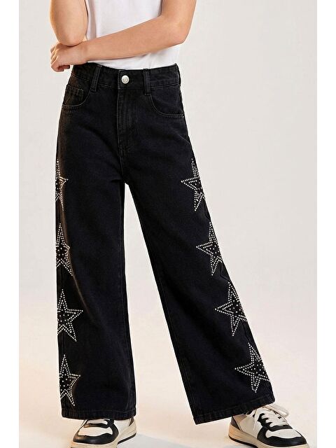Breeze Kız Çocuk Jean Pantolon Taşlı Yıldız Baskılı Siyah (5-9 Yaş) - S000493777-19351