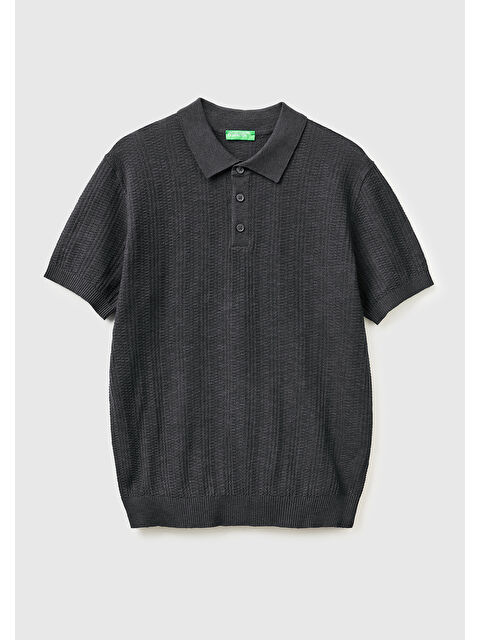 United Colors Of Benetton Erkek Beyaz  Pamuk Keten Karışımlı Düğmeli Örme Dokulu Polo Yaka  Triko T-Shirt