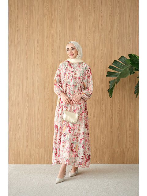 Locco Moda Kadın Vintage Çiçek Desen Elbise Bordo