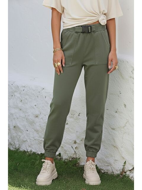 Chiccy Haki Kemer Tokalı Lastikli Bel Lastikli Paça Casual Gabardin Dokuma Pantolon 100 55