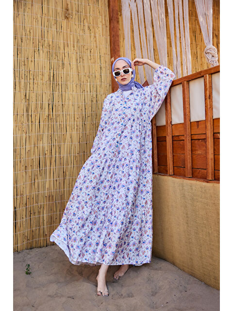 Locco Moda Kadın Sulu Boya Çiçek Desen Elbise Lila - S000399662-17878