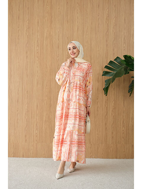 Locco Moda Kadın Etnik Bohem Desen Elbise Turuncu
