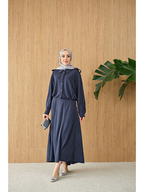 Locco Moda Kadın Gömlek Yaka Gümüş Düğme Detay Takım Lacivert