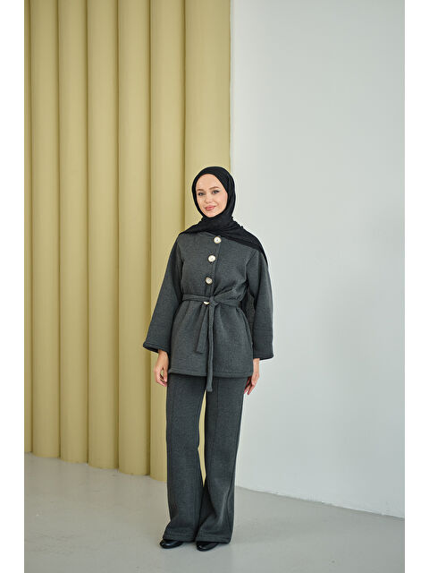 Locco Moda Kadın Yan Düğmeli Bel Bağlamalı Midi Boy Takım Füme - S000492437-33408