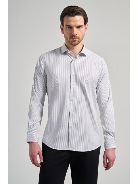 İMZA Uzun Kol Çizgili Desen Bez Ayağı İtalyan Yaka Cepsiz Esnek Classic Slim Fit Gömlek 1004250201 - S000357334-17219