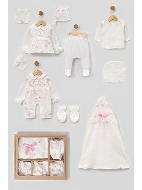 Verona Tarz Kız Bebek Organik Pamuk Çiçekli Müslin Kumaş 10lu Hastane Çıkış Seti Yenidoğan