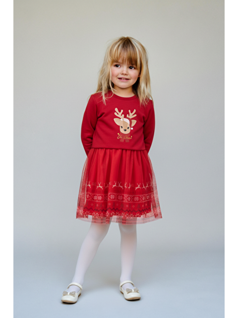 Magu Kız Çocuk Pamuklu Kırmızı Geyik Desenli Tüllü Elbise - Yılbaşı Konseptli Oh Deer Baskılı - S000464379-20045