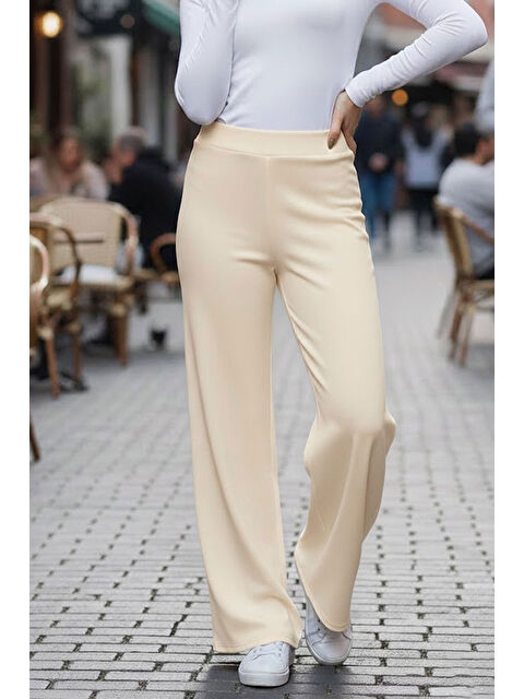 Tarz Cool Bej Modal Bol Paça Yüksek Bel Yumuşak Dokulu Beli Lastikli Elastanlı Pantolon - S000494441-19928