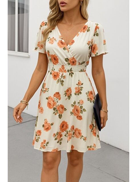 Jane's Kadın Kısa Kollu Kruvaze Yakalı Desenli Süprem Kısa Elbise - S000528525-19928