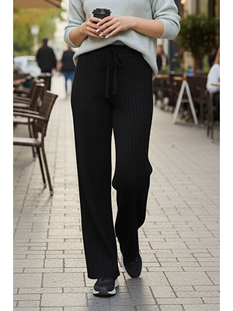 Tarz Cool Siyah Fitilli Modal Bol Paça Yüksek Bel Yumuşak Dokulu Beli Lastikli Elastanlı Pantolon - S000494442-19351