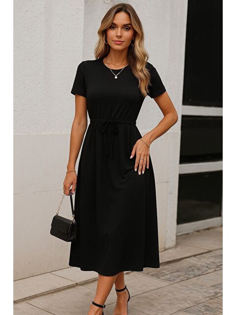 Jane's Kadın Kısa Kollu Bisiklet Yaka Belden Bağlamalı önü Bağcık Detaylı Maksi Boy Viskon Elbise - S000528526-19351