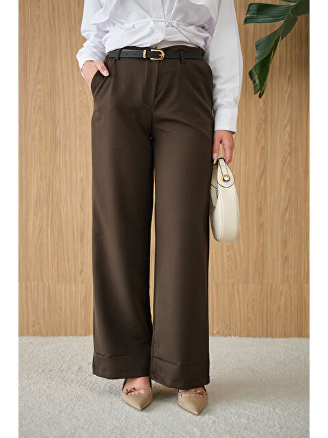 Locco Moda Kadın Paçası Katlama Detay Kemerli Pantolon Kahverengi