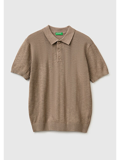United Colors Of Benetton Erkek Haki  Pamuk Keten Karışımlı Düğmeli Örme Dokulu Polo Yaka  Triko T-Shirt