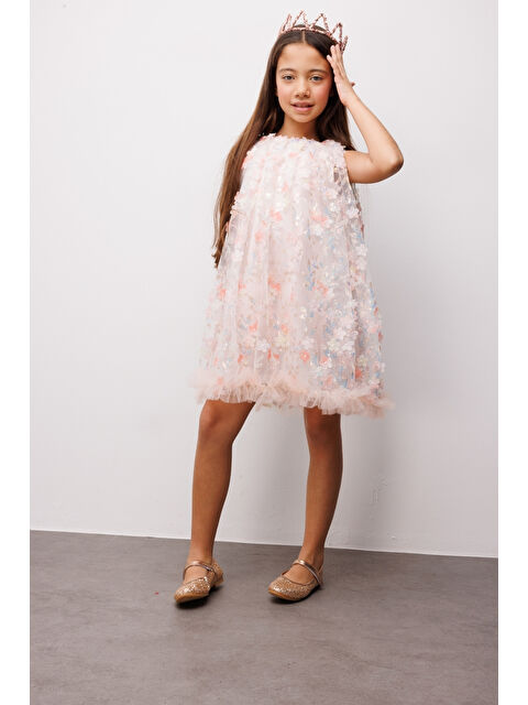 Le Mabelle Somon Çiçek Kabartmalı Kız Çocuk Elbise - Ivory - S000513312-24085